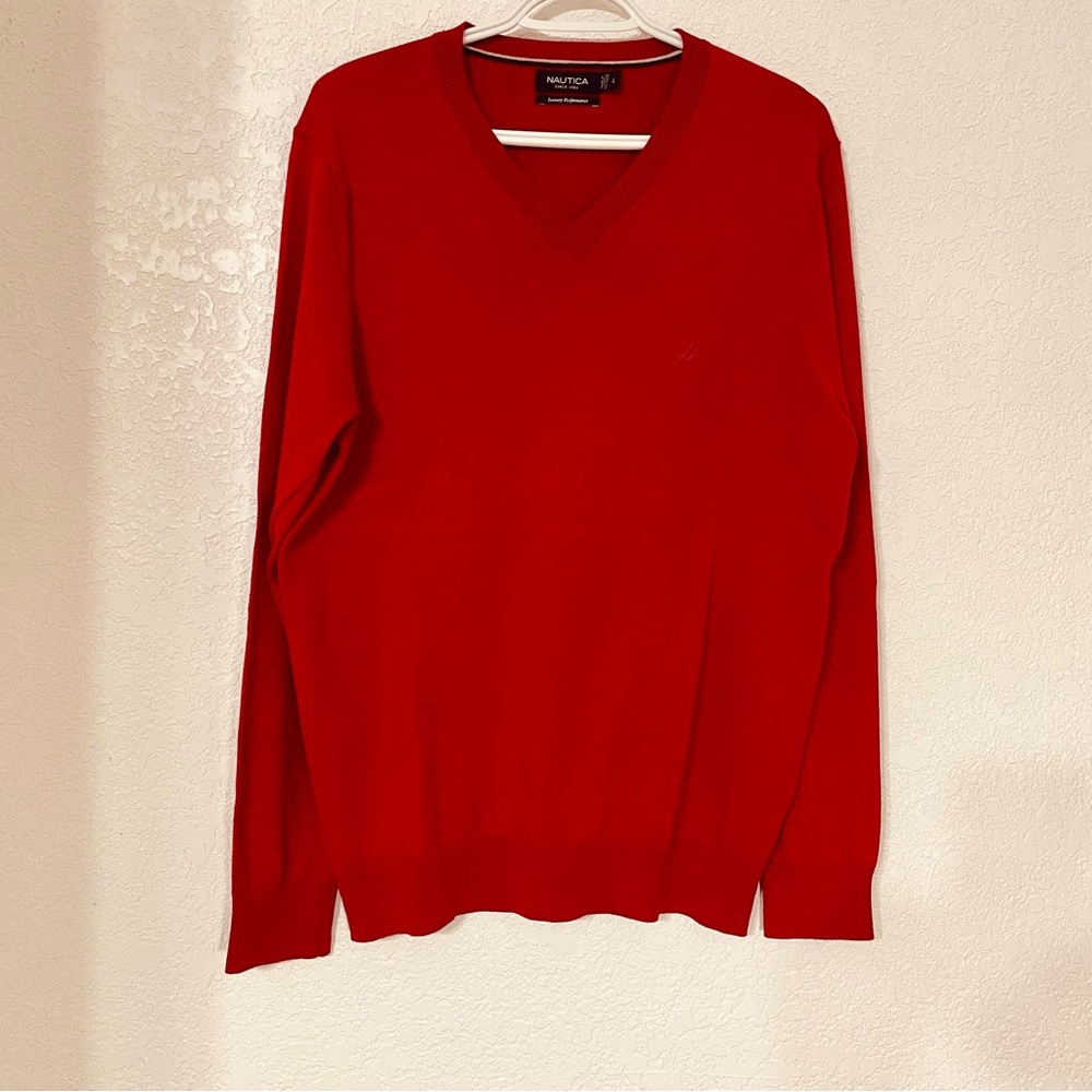 Nautica Luxury Performance Red Knit V-Neck Pullover Sz L